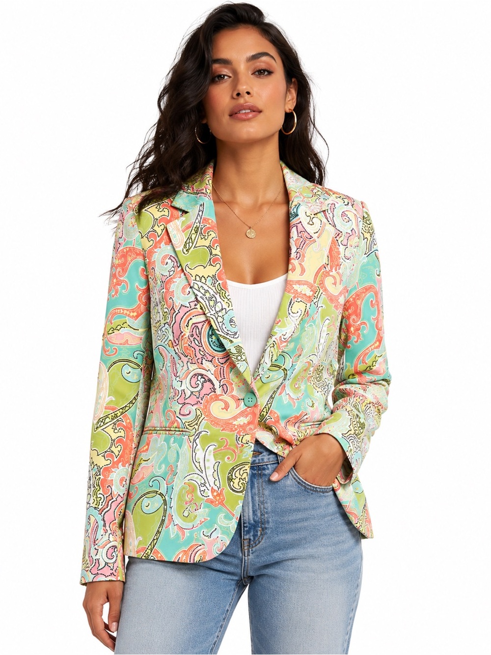 Madison & Berkeley Pastel Paisley Single-Button Blazer - Coral, Mint, Lime